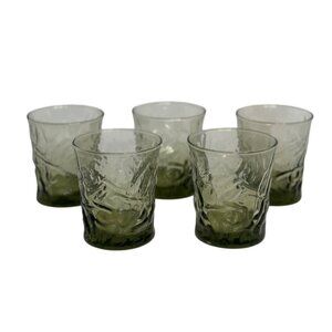 VTG Libbey Aztec Olive Green Drinking Glasses Set 5 MCM Textured Rocks Drinkware